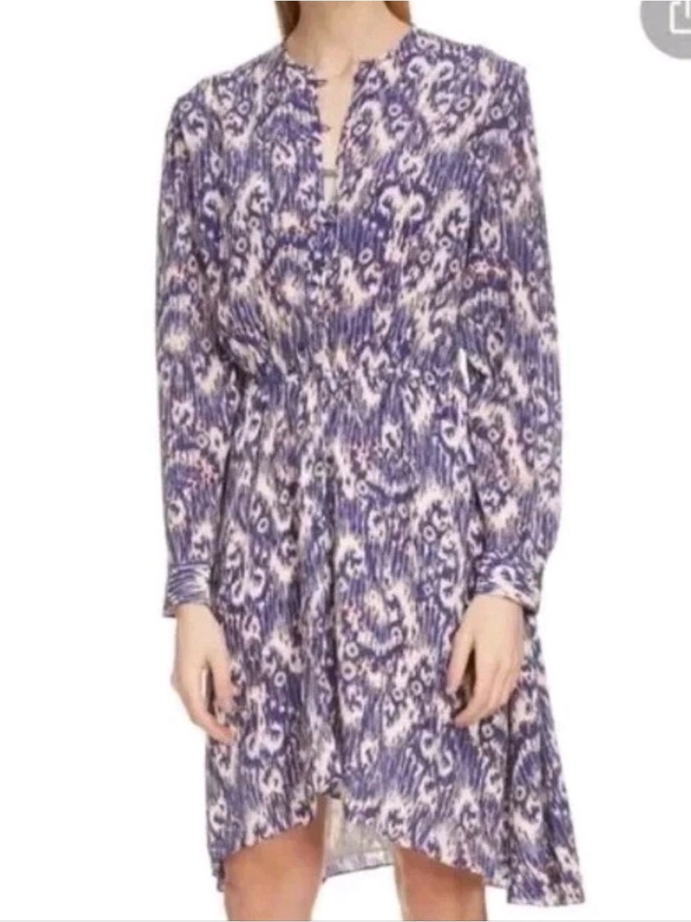 Isabel Marant Etoile Yandra Ikat Silk Dress Sz 40 Blue Long Sleeve Boho